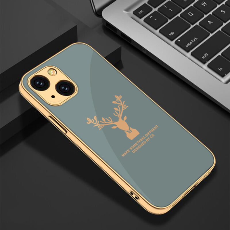 Luxury Golden Edges Deer Glass Back Case For iPhone 13 - Premium Cases