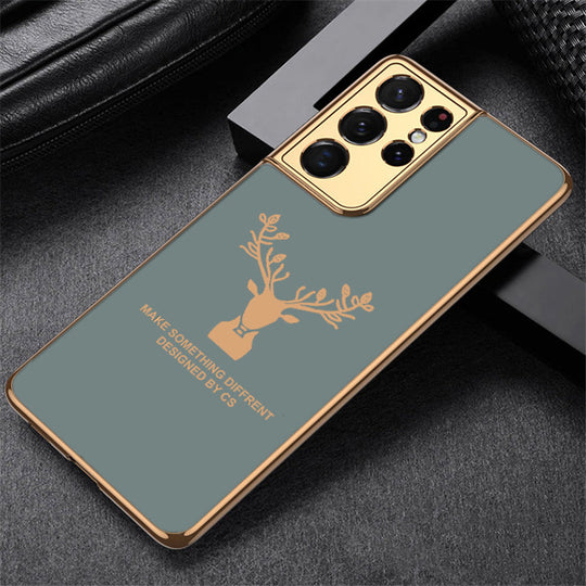 Luxury Golden Edges Deer Glass Back Case For Samsung Galaxy S21 Ultra - Premium Cases