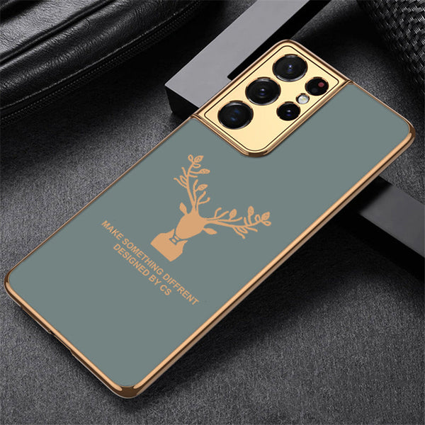 Luxury Golden Edges Deer Glass Back Case For Samsung Galaxy S21 Ultra