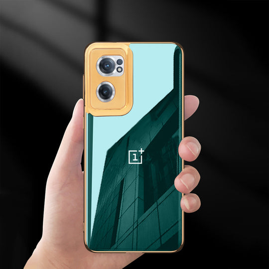 Premium Glass Back Logo Case With Golden Edges For Oneplus Nord CE2