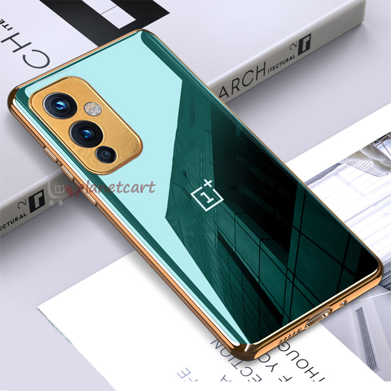 Premium Glossy Gold Edge Glass Back Case For Oneplus 9