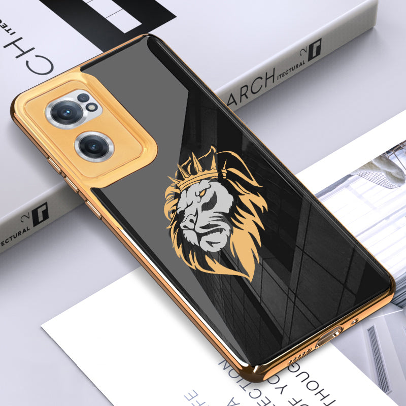 Luxury Premium Glass Lion Back Case With Golden Edges For Oneplus Nord CE2