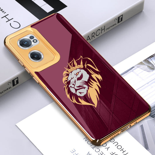 Luxury Premium Glass Lion Back Case With Golden Edges For Oneplus Nord CE2