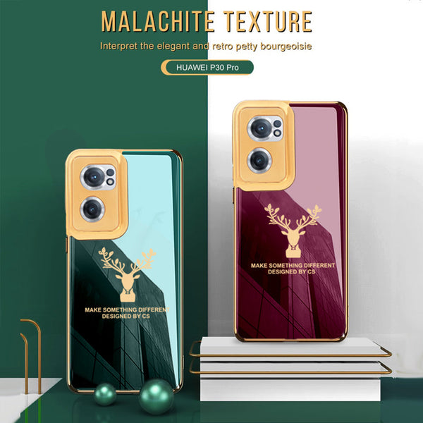 Premium Luxury Deer Pattern Electroplated Glass Back Case With Golden Edges For OnePlus Nord Ce 2