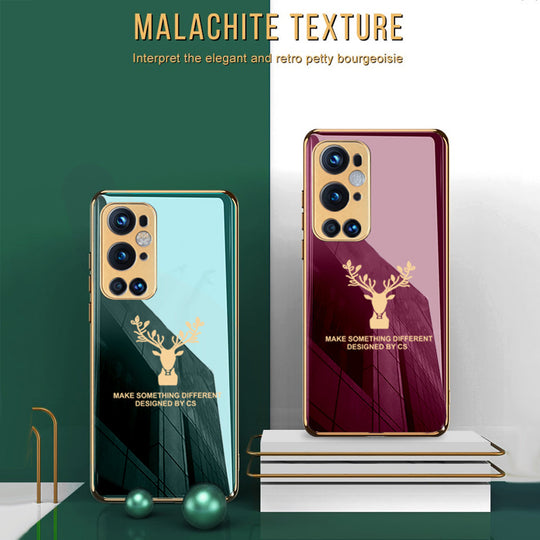Premium Luxury Deer Pattern Electroplated Glass Back Case With Golden Edges For OnePlus 9 Pro