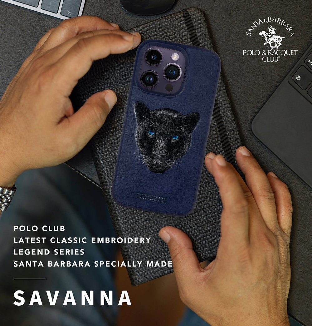 Santa Barbara Savana Series Black Panther Embroidery Genuine Leather Case For iPhone 14