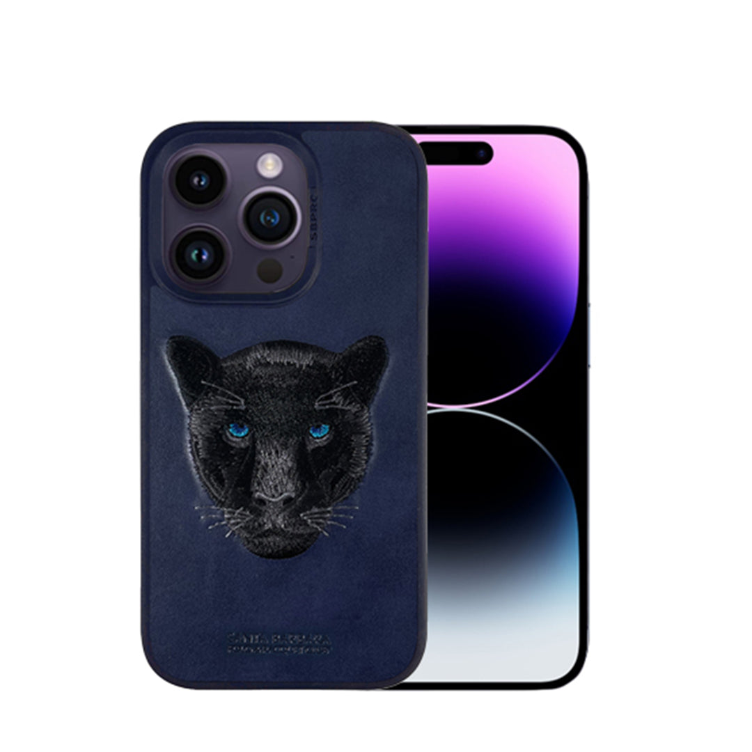 Santa Barbara Savana Series Black Panther Embroidery Genuine Leather Case For iPhone 14 Pro Max