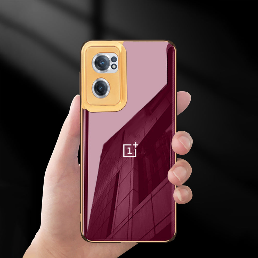 Premium Glass Back Logo Case With Golden Edges For Oneplus Nord CE2