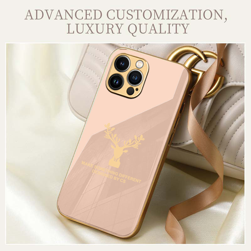 Premium Glass Back Deer Case With Golden Edges For iPhone 13 Pro Max
