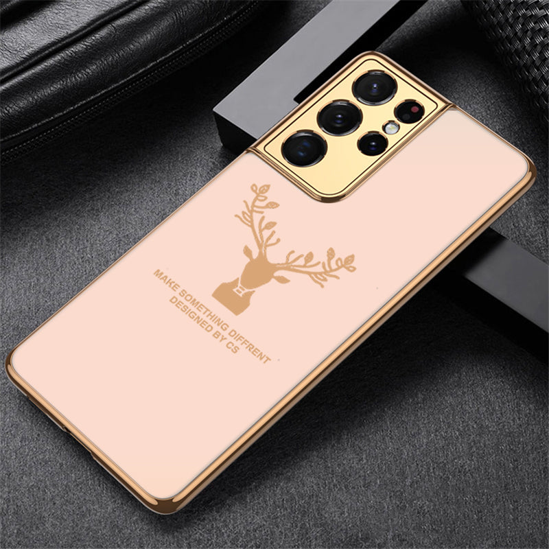 Luxury Golden Edges Deer Glass Back Case For Samsung Galaxy S21 Ultra - Premium Cases