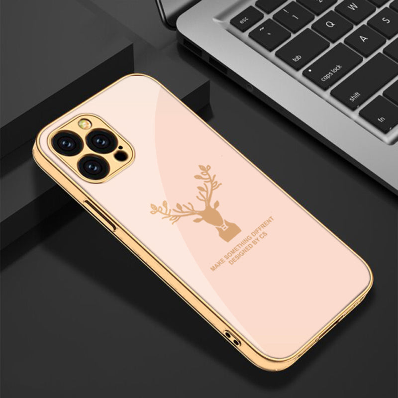 Luxury Golden Edges Deer Glass Back Case For iPhone 13 Pro - Premium Cases