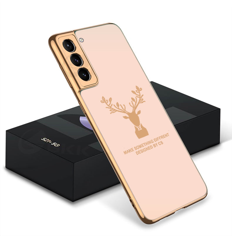 Luxury Golden Edges Deer Glass Back Case For Samsung Galaxy S21 Plus - Premium Cases