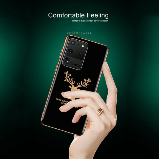 Luxury Golden Edges Deer Glass Back Case For Samsung Galaxy S20 Ultra - Premium Cases