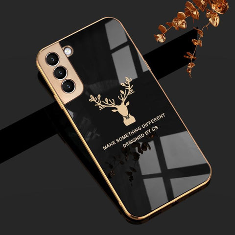 Luxury Silicon Deer Glass Case With Golden Edges For Samsung Galaxy S21 Plus