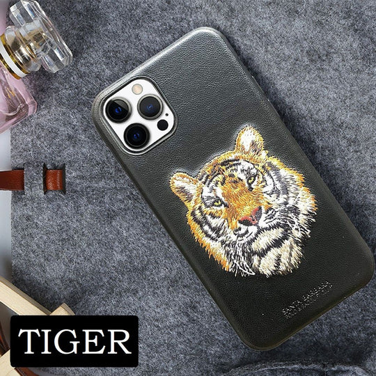 Santa Barbara Savana Series Tiger Emboidery Genuine Leather Case For iPhone 13 Pro - planetcartonline