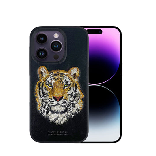 Santa Barbara Savana Series Tiger Embroidery Genuine Leather Case For iPhone 14 Pro Max