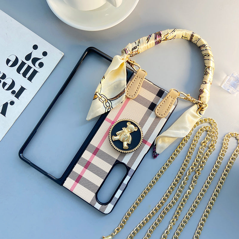 Luxury Printed Scarf Chain Bracelet And Chain Bear case for Samsung Galaxy Z Fold 4