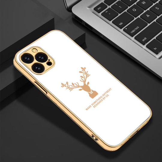 Luxury Golden Edges Deer Glass Back Case For iPhone 13 Pro - Premium Cases