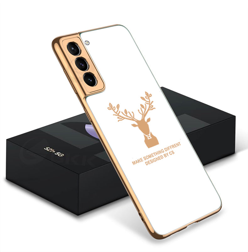 Luxury Golden Edges Deer Glass Back Case For Samsung Galaxy S21 - Premium Cases
