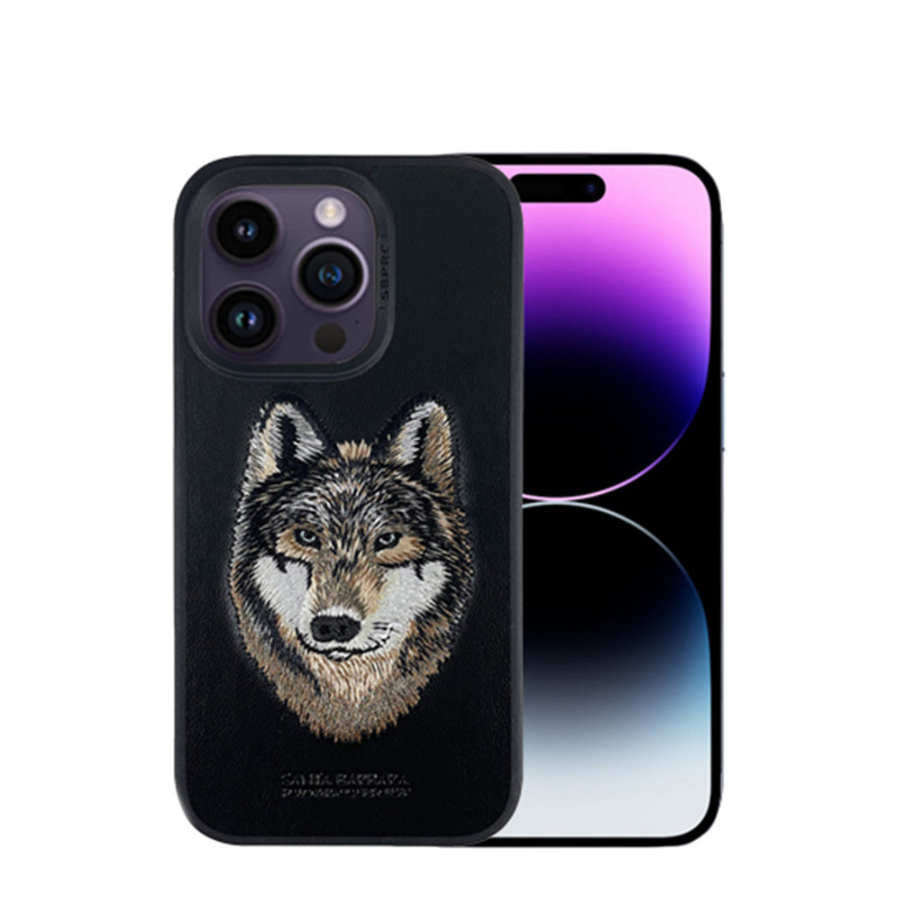 Santa Barbara Savana Series Wolf Embroidery Genuine Leather Case For iPhone  14 Pro