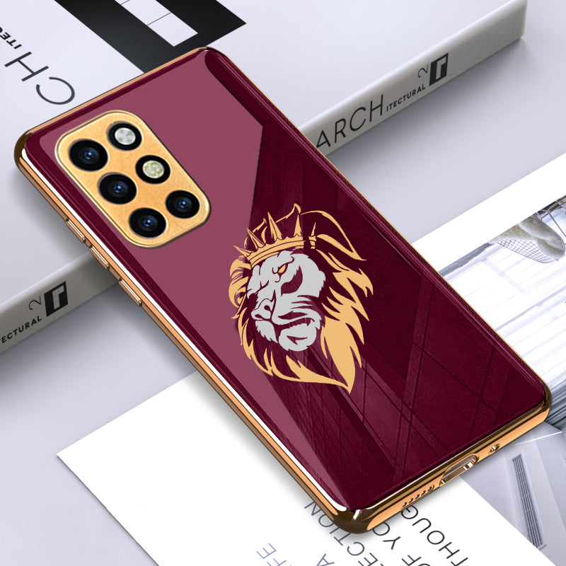 Luxury Premium Glass Lion Back Case With Golden Edges For Oneplus 9R