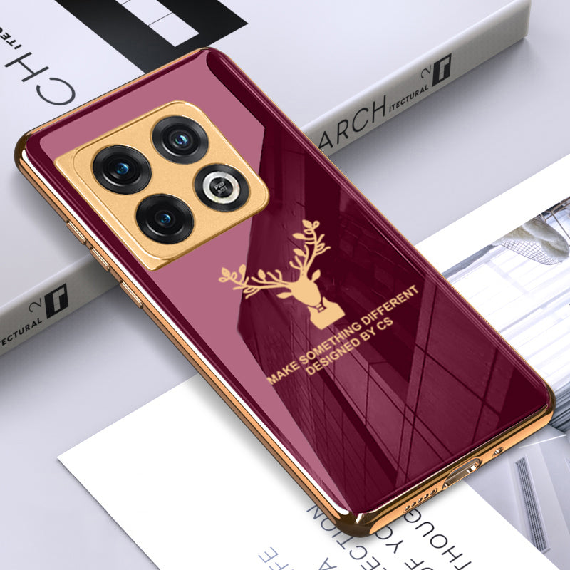 Premium Luxury Deer Pattern Electroplated Glass Back Case With Golden Edges For OnePlus 10 Pro