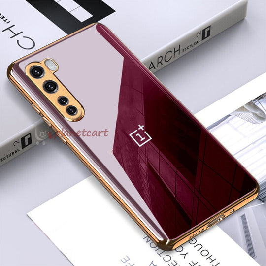 Luxury Glossy Gold Edge Glass Back Case For Oneplus Nord