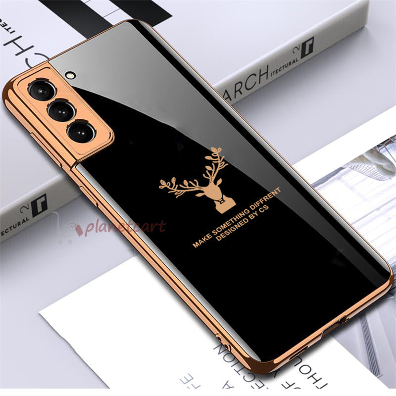 Luxury Golden Edges Deer Pattern Glass Back Case For Samsung Galaxy S21 Plus - Premium Cases