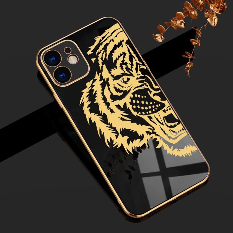 Luxurious Tiger Glass Back Case With Golden Edges For iPhone 12 - planetcartonline