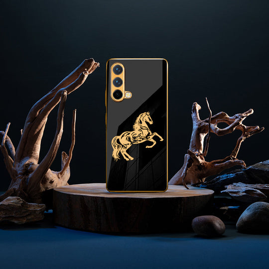 Luxury Horse Pattern Glass Back Case With Golden Edges For Oneplus Nord CE