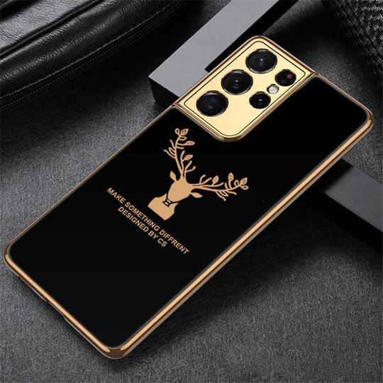 Luxury Golden Edges Deer Glass Back Case For Samsung Galaxy S21 Ultra - Premium Cases