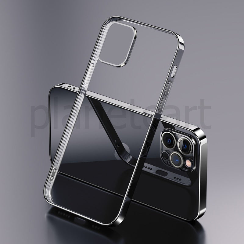 Premium Glossy Look Square Silicon Clear Black Case For iPhone 13 Pro - planetcartonline