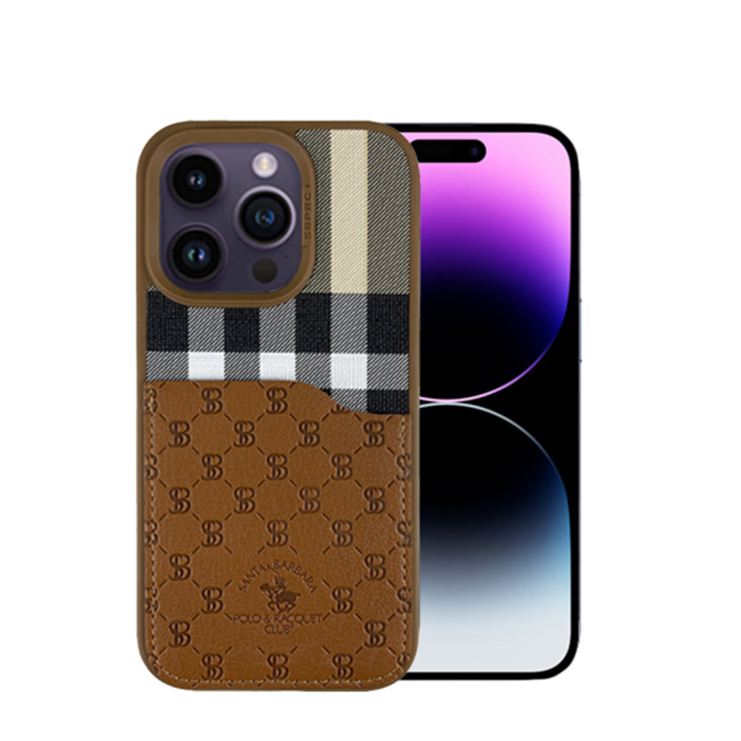 Santa Barbara Classic Plaid Series Genuine Leather Brown Case For iPhone 15 Pro Max - Brown