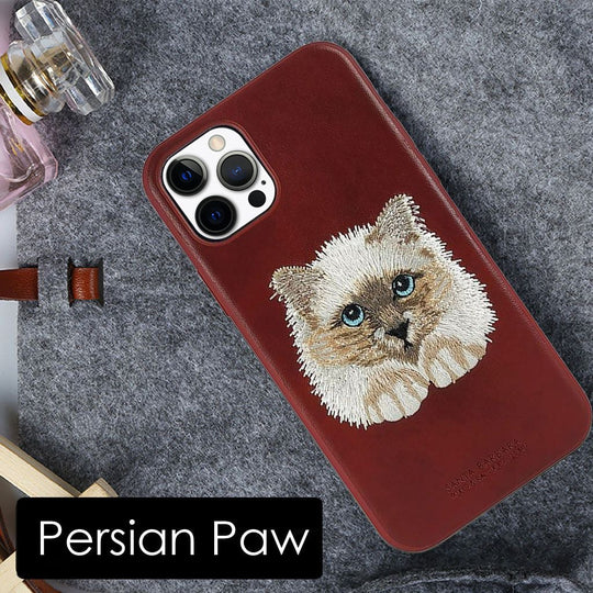 Santa Barbara Savana Series Cat Emboidery Genuine Leather Case For iPhone 13 Pro Max - planetcartonline