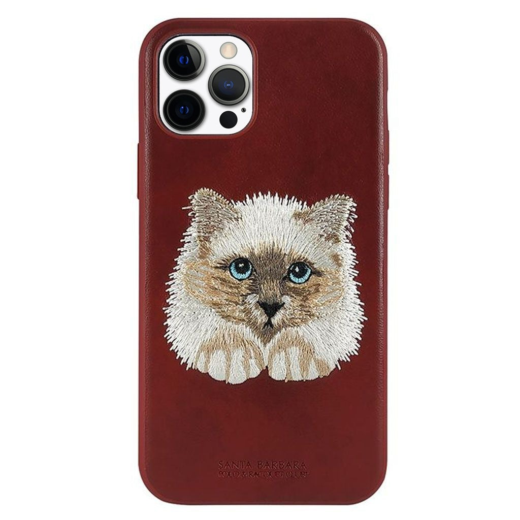 Santa Barbara Savana Series Cat Emboidery Genuine Leather Case For iPhone 13 Pro - planetcartonline