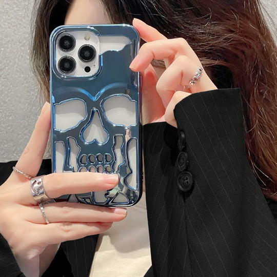 Luxury Plating 3D Metal Hollow Out Gothic Skull Hard Phone Case For iPhone 14 Series