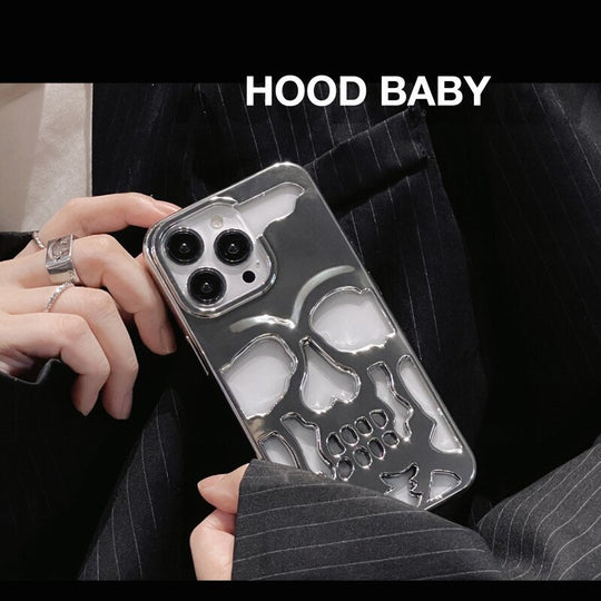 Luxury Plating 3D Metal Hollow Out Gothic Skull Hard Phone Case For iPhone 14 Series