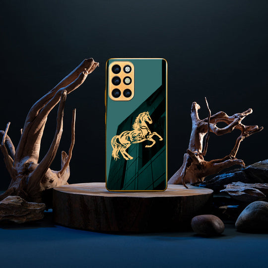 Luxury Horse Pattern Glass Back Case With Golden Edges For Oneplus 8T