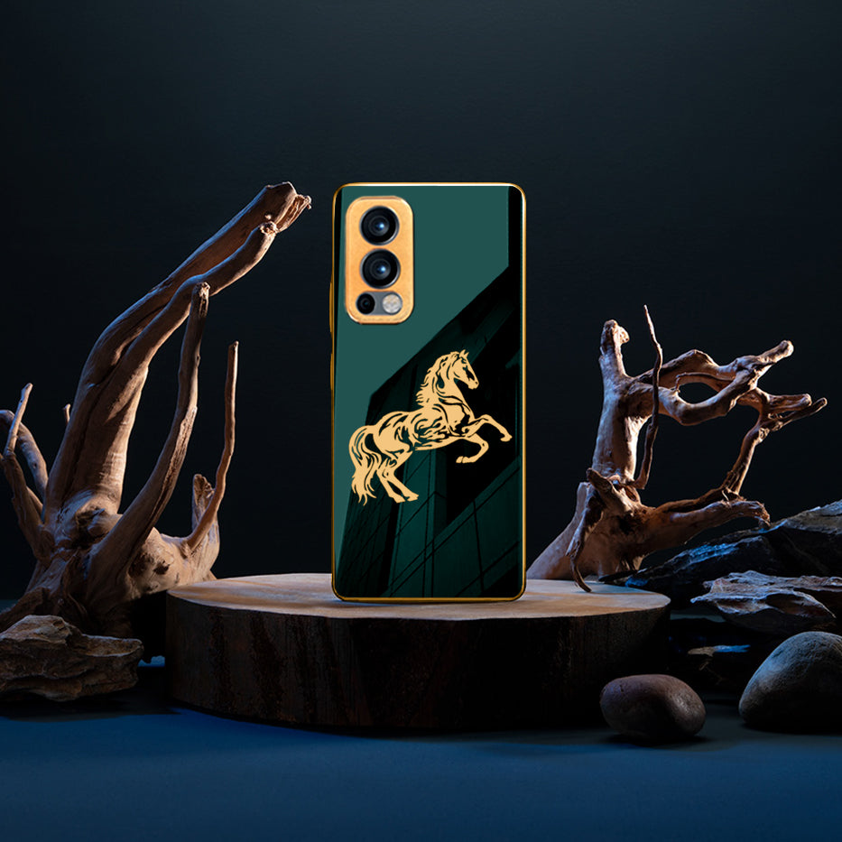Luxury Horse Pattern Glass Back Case With Golden Edges For Oneplus Nord 2