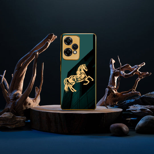 Luxury Horse Pattern Glass Back Case With Golden Edges For Oneplus