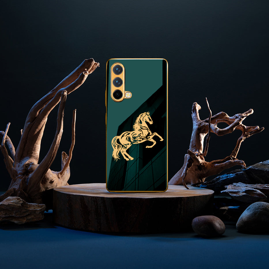 Luxury Horse Pattern Glass Back Case With Golden Edges For Oneplus Nord CE