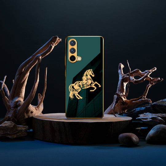 Luxury Horse Pattern Glass Back Case With Golden Edges For Oneplus Nord CE