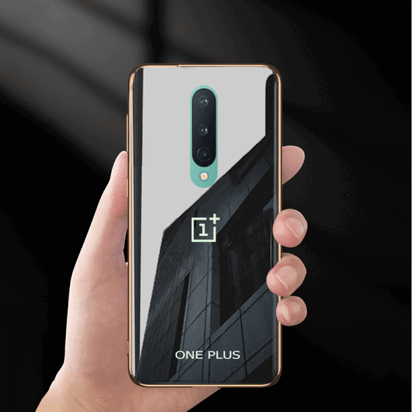 Radium Logo Glossy Glass Back Case With Golden Edges For Oneplus 8