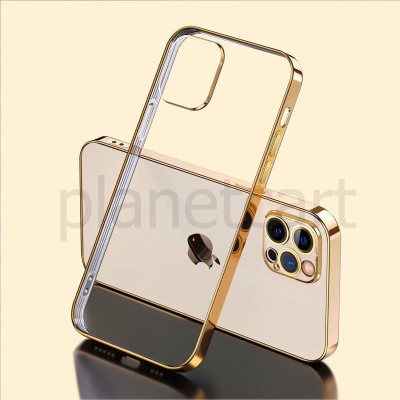 Premium Glossy Look Square Silicon Clear Golden Case For iPhone 13 - planetcartonline