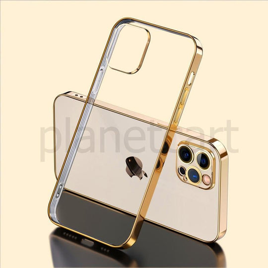 Premium Glossy Look Square Silicon Clear Golden Case For iPhone 13 Pro Max - planetcartonline