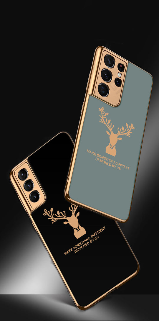 Luxury Golden Edges Deer Glass Back Case For Samsung Galaxy S21 Ultra - Premium Cases