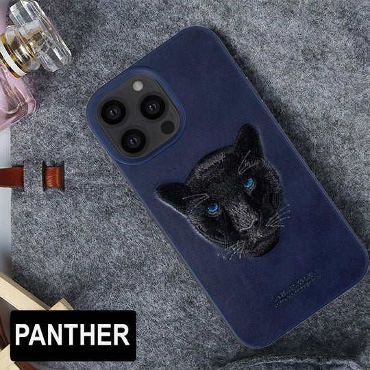 Santa Barbara Savana Series Black Panther Emboidery Genuine Leather Case For iPhone 13 Pro Max - planetcartonline