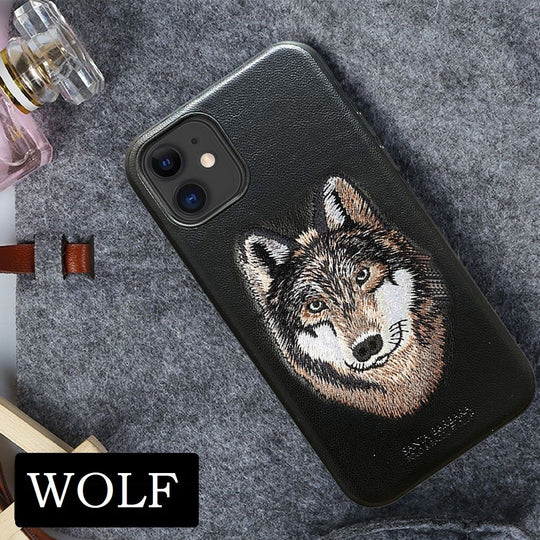 Santa Barbara Savana Series Wolf Emboidery Genuine Leather Case For iPhone 13 - planetcartonline