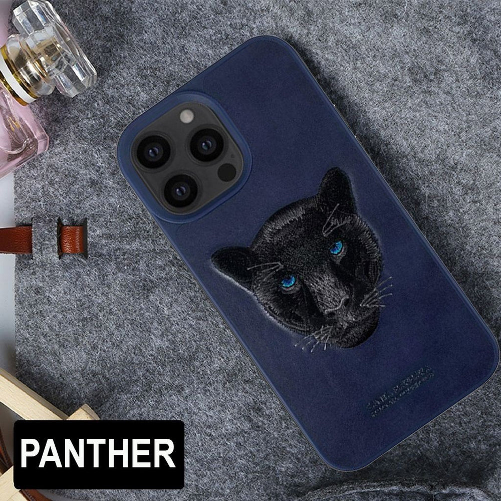 Santa Barbara Savana Series Black Panther Emboidery Genuine Leather Case For iPhone 13 Pro - planetcartonline