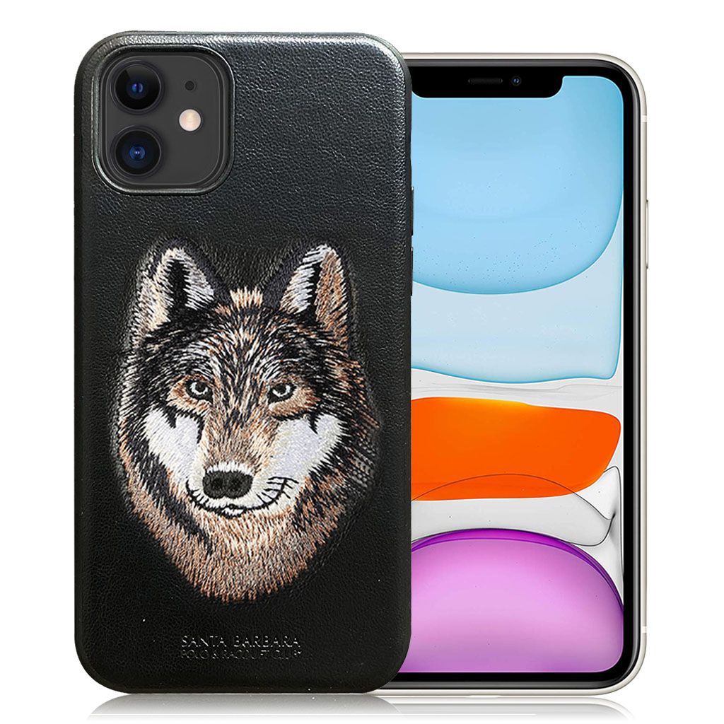 Santa Barbara Savana Series Wolf Emboidery Genuine Leather Case For iPhone 13 - planetcartonline